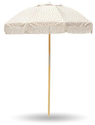 180cm Parasol de Plage Rond avec Frange, Parapluie de Jardin Boho pour Extérieur/Patio/Terrasse/Vacances, Mât en Bois avec Boutons d'inclinaison