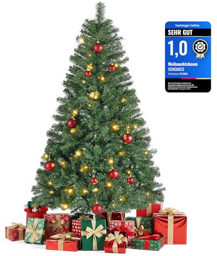 SONGMICS Künstlicher Weihnachtsbaum, 150 cm, mit Beleuchtung | Tannenbaum, Spitzen aus PVC, mit Metallständer, schneller Aufbau, grün, LILAC Kollektion LAT003CZ01