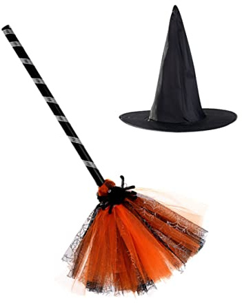 Milisten Witch Broom Witch Hat Costume Accessory Set Lightweight Reusable Orange Broom Set for Boys and Girls Cosplay Halloween Party