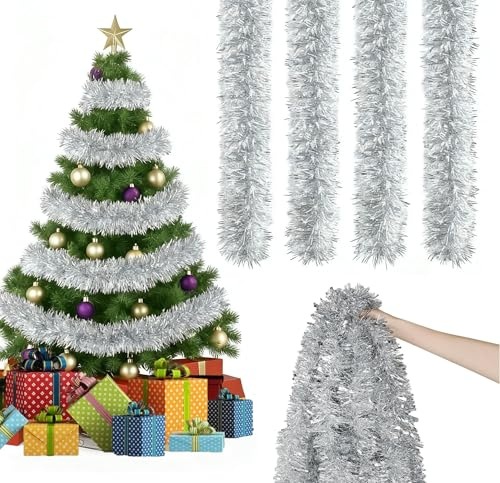 DEXYZZY 4 Stück 2M Lametta Girlande, Weihnachtsdeko Girlande, Lametta Baumschmuck, Weihnachten Lamettav für Weihnachtsbaum Kranz Hochzeit Party, für Party Hängende Decke Dekorationen, Silber