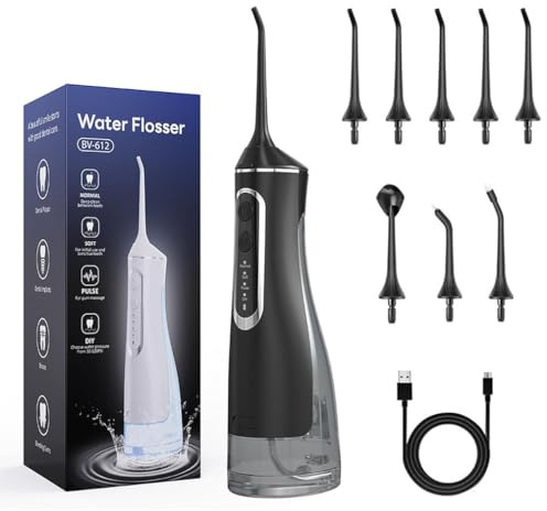 Hydropulse Pro – Portable Water Flosser with 4 Modes & 8 Tips, Munddusche Kabellos, Tragbar Elektrische Zahnreinigung, Reise Zahnzwischenraumreiniger, 320ML Wassertank, IPX7 Wasserdicht (Schwarz)