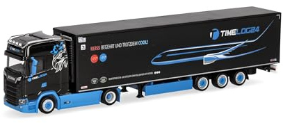 Herpa LKW Modell Scania CS 20 HD Kühlkoffer-Sattelzug timelog24, Miniatur im Maßstab 1:87, Sammlerstück, Made in Germany, Kunststoff, Schwarz, Blacks