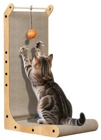 Dogat Cat Scratcher L Shaped Cat Scratching Board 68cm Tall Vertical Scratching Post with Ball Toy Furniture Protector for Indoor Cats Cardboard 68cm