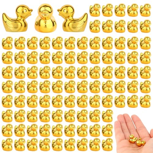 Sinbana 100pcs Mini Resin Ducks, Tiny Duck Figurines Mini Resin Animal Figures for DIY Miniature Garden Landscape Cake Decoration Accessories Party Favors (Gold)