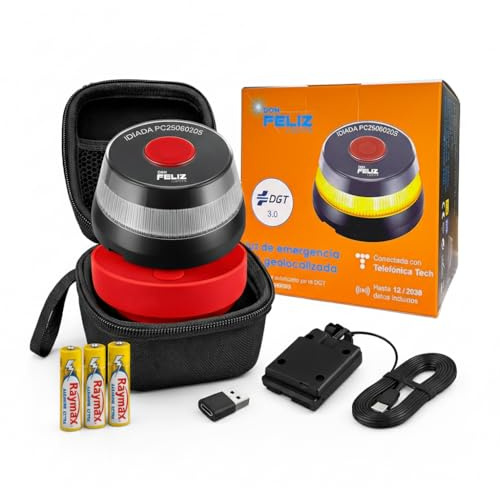 Kit de Baliza de Emergencia V16 homologada y geolocalizada DGT 3.0 (con ventosa + funda protectora + cable USB/tipo C + pilas), luz de emergencia V16 para coches y automoviles, conectividad hasta 2038