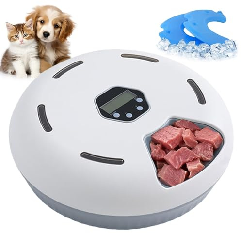 Polegas Automatic Cat Feeder with Timer,Stainless Steel Bowl and Ice Packs,Greyish-white Pet Feeder for Wet and Dry Food,6 Portions for Cats and Small Dogs