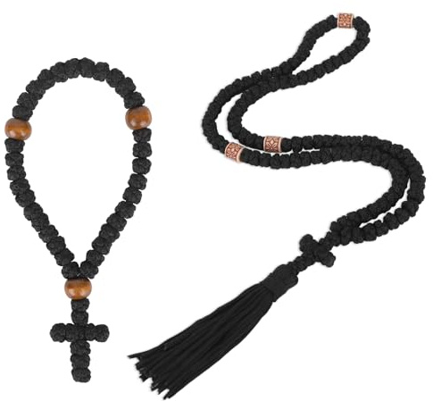 Mikovivi 2stk Orthodoxes Gebetsseil Set, Chotki Gebetsseil Halskette mit Quaste und Kreuz und Passendem Armband zur Christlichen Dekoration(Schwarz)