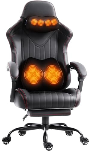 Dowinx Gaming Stuhl mit Massagefunktion, Ergonomisch Gestaltet Gaming Sessel mit Lendenwirbelstütze und Nackenstütze,Gaming Chair bis 135 kg Höhenverstellbar, Leder Geeignet für Erwachsene,Black