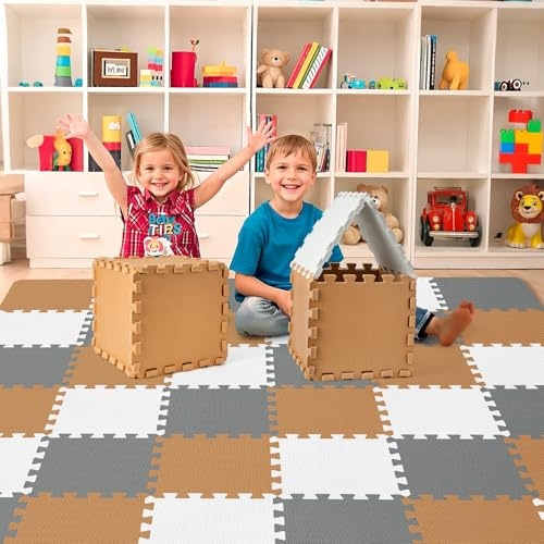 36Pcs Baby Play Mat for Floor, Foam Floor Tiles for Kids with Interlocking, Squares Foam Puzzle Carpet for Playroom,Crawling Rug for Babies 6-12 Months,Toddlers,11.8*11.8*0.6In Each (Brown-gray-white)