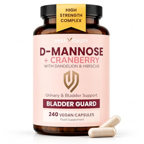 D-Mannose & Cranberry Capsules for Women – Urinary Tract & UTI Support Supplement – Bladder & Urinary Health Complex with Hibiscus & Dandelion – 240 Vegan Capsules