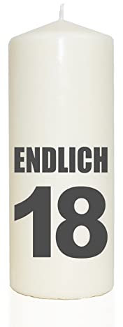 WB wohn trends Spruchkerze, ENDLICH 18, grau, 20cm, 765g d8cm, Kerze mit Spruch, Brenndauer ca 70 Std