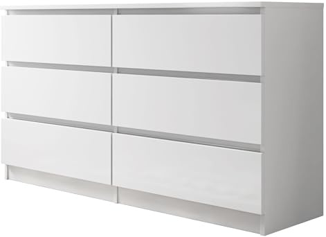 Mirjan24 Kommode Malwa M6 140 mit 6 Schubladen (Weiß) | Griffloses Sideboard mit tiefen Schubladen und Rollgleitschienen, je bis 8 kg belastbar, B/H/T: 138/77/40 cm