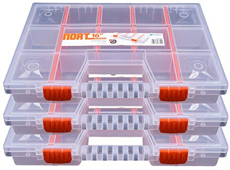 Willys-Fachmarkt 3x Sortimentskasten Kunststoff Aufbewahrungsbox NORT16 mit maximal 15 Fächern, robust, transparent & stapelbar 39 x 29 x 6,5 cm