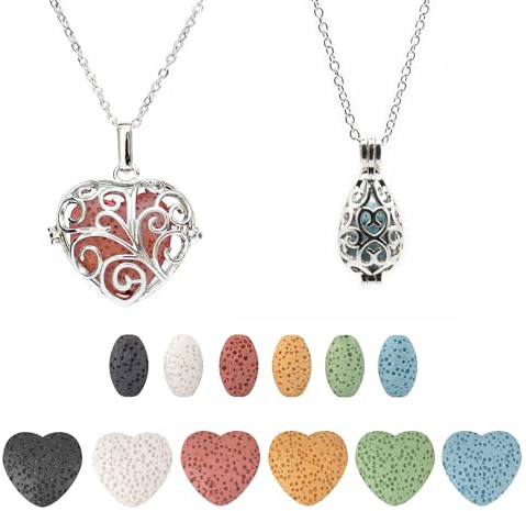 HEDQFM 2PCS Aromatherapy Essential Oil Diffuser Necklace Love Heart and Hollow Ball Locket Pendant Necklace with Lava Bead Stone for Women