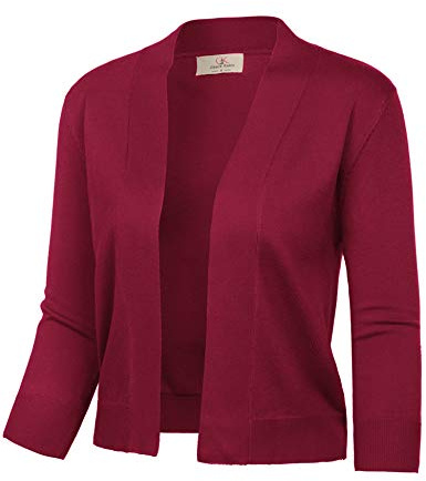 GRACE KARIN Cardigans Women's Solid Sweaters 3/4 Sleeve Open Front Shrug Cropped Bolero (Burgundy,M)