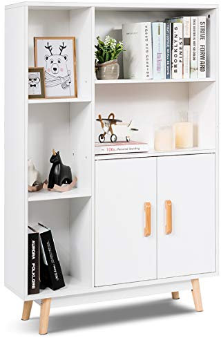 COSTWAY Bücherschrank weiß, Bücherregal mit Türen und offenes Fächern, Sideboard Kommode Standregal freistehend, Büroregal Aufbewahrungsregal für Kinderzimmer, Zuhause und Büro, 80 x 24 x 119 cm