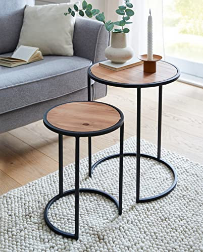 Dekoleidenschaft 2X Beistelltisch rund aus Metall & Holz, 40 + 50 cm hoch, Blumentisch, Satztische, Wohnzimmer-Tisch