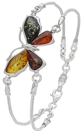 AMBEDORA, Pulsera de cadena de plata para mujer, mariposa colorida con ámbar, plata de ley pulida, natural, ámbar báltico colorido, Standard, ámbar