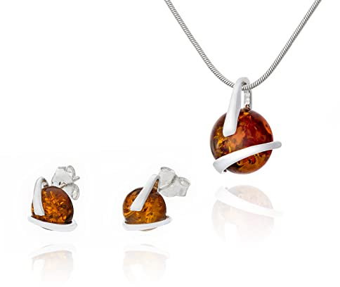 Litet damsmyckesset bärnsten 344, hänge med kedja och örhängen, baltisk bärnsten i konjakfärg, sterlingsilver 925, presentidé
