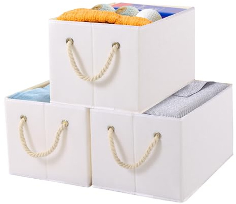 Yawinhe 3 Stück Aufbewahrungsbox Stoff für Kleidung,Weiß,33x23x20cm | Faltbare Aufbewahrungskorb,Aufbewahrungswürfel aus Stoff, mit Griff Stoffkisten Aufbewahrung, für Kleideraufbewahrung