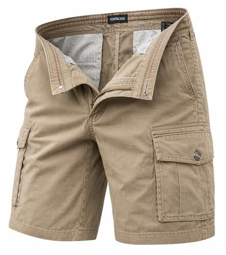 TONY BACKER Herr Cargo Shorts Vintage Bomull Flera Fickor Sommar Kortbyxor Cargo, Khaki, 26 smal kort