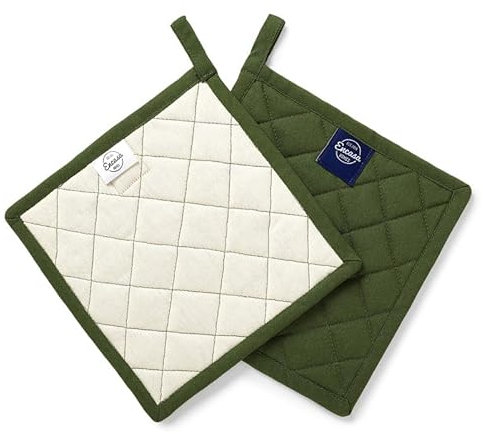 Encasa XO Presine in cotone resistente al calore con anello per appenderle - Set di 2 -Foglia verde - Presina da cucina, barbecue e microonde - 21 cm