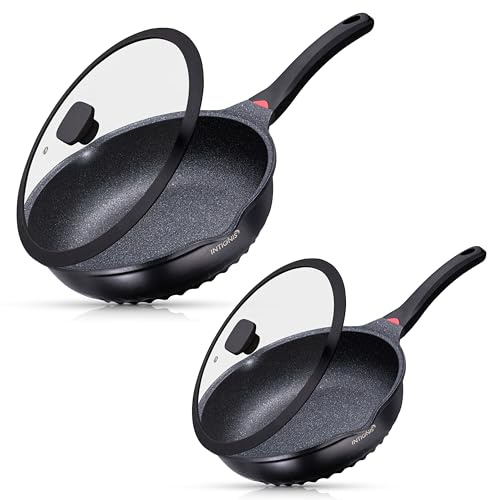 28cm/30cm Deep Non Stick Frying Pan Set with Lids & Utensils | GREBLON ceramic coating, induction hob safe, easy clean, lightweight cast aluminum, pouring lips