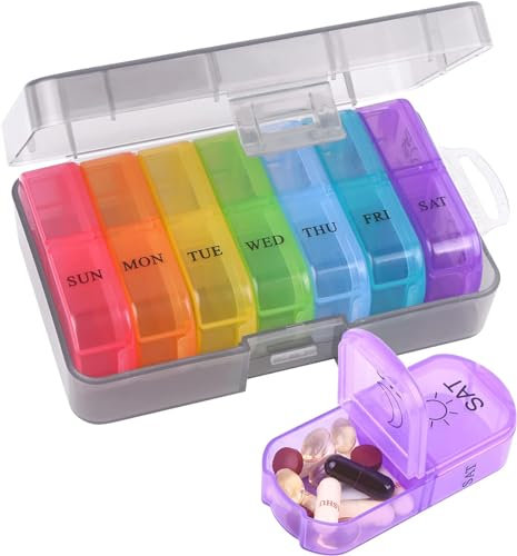 KedioPio Tablettenbox 7 Tage Morgens Abends, Medikamentenbox 7 Tage 2 Fächer Englisch, Pillendose Tabletten Organizer für Unterwegs mit 14 Große Fächer für Tägliche Pillen Vitamine, Regenbogen
