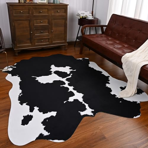 Comeet Alfombra de piel de vaca sintética de 5.2 x 6.2 pies, alfombra grande con estampado de vaca gruesa, alfombra antideslizante con estampado de animales sintéticos, alfombra de decoración