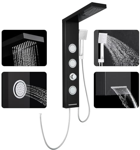 ROVOGO Schwarze Duschpaneel ohne Armatur, 4 in 1 Duschpaneele mit Regendusche, 3 x Massagedusche, Wasserfall-Badewanneneinlauf und Handbrause, Wandmontage Duschsäule aus Edelstahl