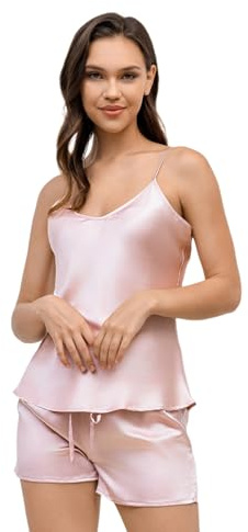 THXSILK Seidenpyjama für Damen Zweiteiliger, Shorts-Set aus natürlicher Maulbeerseide mit V-Ausschnitt, Bequeme und lässige Urlaubskleidung (Bezauberndes Rosa, L)
