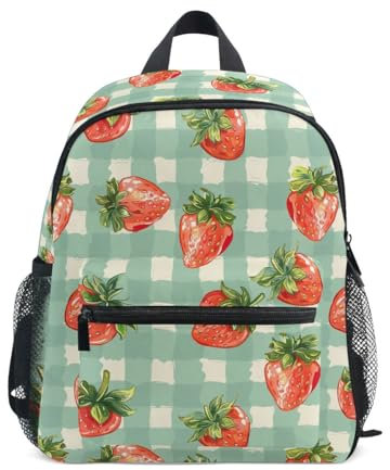 CHIFIGNO Kinder-Rucksäcke, Kleinkind, Schulrucksack, Kindergarten, Kindertasche, Mini-Rucksäcke mit Namensschild für Jungen und Mädchen, Niedliche Erdbeere auf grünem Karomuster, Medium