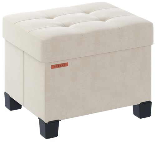 ABHENG Tabouret de Rangement, Repose-Pieds, Pouf Pliable, Canapé Pouf avec Coffre de Rangement, Charge jusqu'à 200 kg, Matériau en Velours, 32 x 40 x 33,5 cm, Blanc Crème, ASND21W