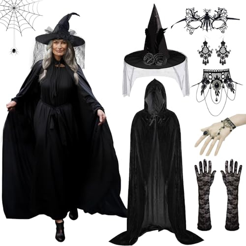7 PCS Cape en Velours à Capuche,Chapeau et Cape Sorciere Femme,Gants Gothiques En Filet,Collier,Masque,Boucles d'Oreilles,Bracelets,Cape Noire Adulte,Pour Accessoires De Mascarade Cosplay d'Halloween