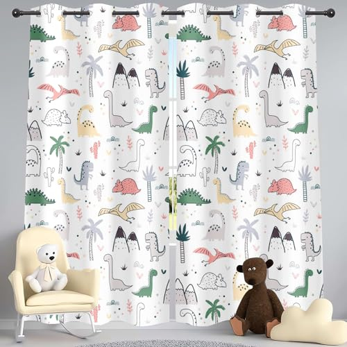 SHROUDEX Kinder Vorhang Blickdicht Thermovorhang Dinosaurier Muster Gardinen Wohnzimmer Vorhänge Dinosaurier-Vorhänge Tiere Wildtiere Dino Druck Muster Gardinen (3,280×245BxH (140×245cm×2))