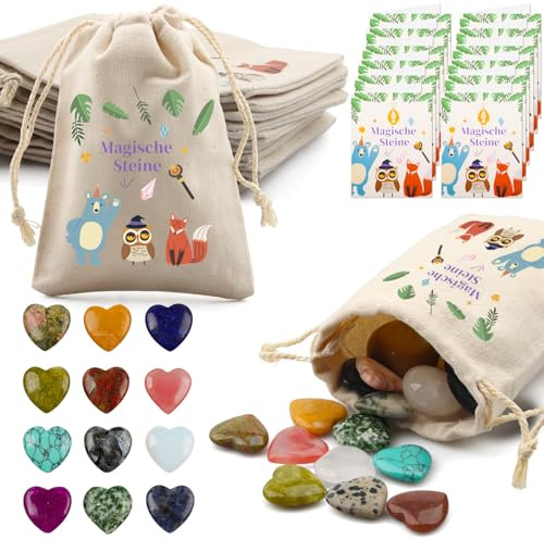 12 Set Glückssteine für Kinder mit Edelsteine Jutesäckchen und Waldtiere Kärtchen, Kindergeburtstag Mitgebsel, Give Away für Taufe Kommunion Hochzeit oder Wichtelgeschenk, Glücksbringer Kinder (B)