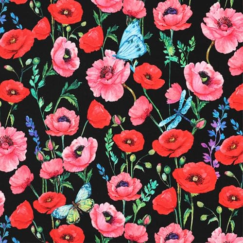 1m French Terry Sweatstoff - keine Meterware- Designs Sommersweat zum Nähen (Mohnblumen F011)