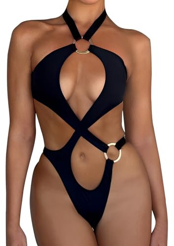 Il Nuovo Costume da Bagno Bikini 2024 per L'Europa e Gli Stati Uniti. Costume da Bagno Sexy a Tinta Unita Hollow One Depilatore Bikini Elettrico (Black, M)