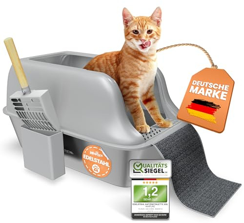 MiaPure Edelstahl Katzenklo XXL 60x40x30cm mit hohem Rand inkl. Schaufel | Komplettsystem gegen Streu-Chaos dank integrierter Klappe mit Streumatte – auslaufsicher, geruchsfrei & leicht zu reinigen