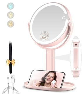 MOMOKUBA Kosmetikspiegel mit Beleuchtung, Vergrößerungsspiegel mit Licht 20fach, Kosmetikspiegel mit Vergrößerung 7, Doppelseitig 3 Farben 64 Led, Schminkspiegel mit Beleuchtung 360° Drehbar, Rosa