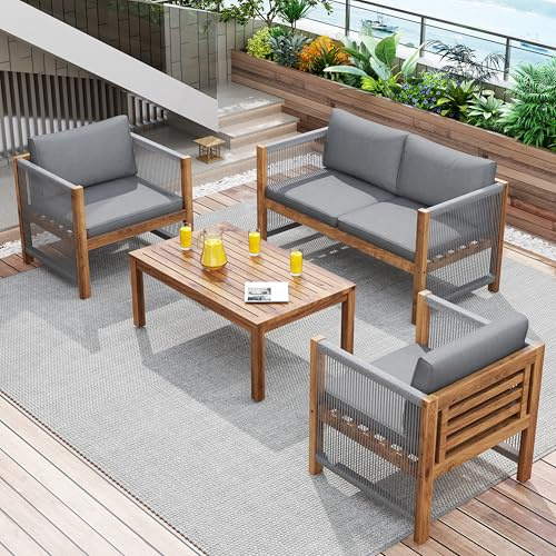 Oxtao Loungeset Gartenmöbel Set Balkonmöbel Set Outdoor, Doppelsofa, 2 Sessel und Tisch, mit Kissen, Gartenlounge Möbelset Terassenmöbel Außen, Tisch und Stühle Set, Garten Balkon Terrassen (Grau)