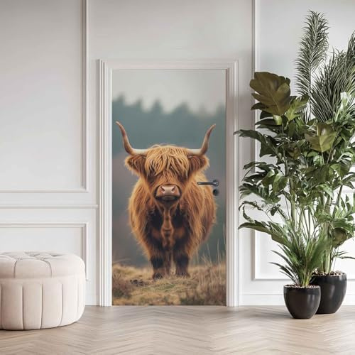 Türtapete 90x200 cm Hochlandkuh, Türaufkleber Selbstklebend Tier Kuh, Türfolie Türposter Folie für Schlafzimmer Wohnzimmer Tür verschönern Deko