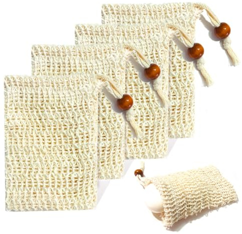 Tvålpåsar 4 stycken sisal-tvålpåsar, fast tvålpåse tvålnät fast schampo skumma för bad massage peeling tvålpåsar (4 stycken)