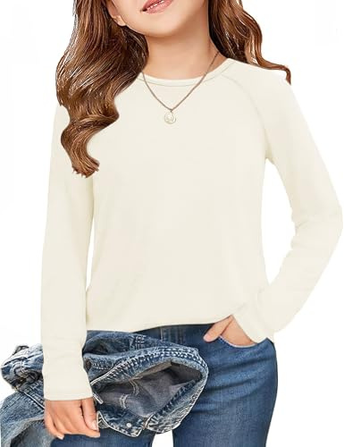Arshiner Maglietta per Ragazze T-Shirt Bianca Maniche Lunghe Canottiera Interna in Pile Camicetta alla Moda Top Basic Bambini Top Slim Fit Termico Abbigliamento per Bambini di Halloween 10-11 Años