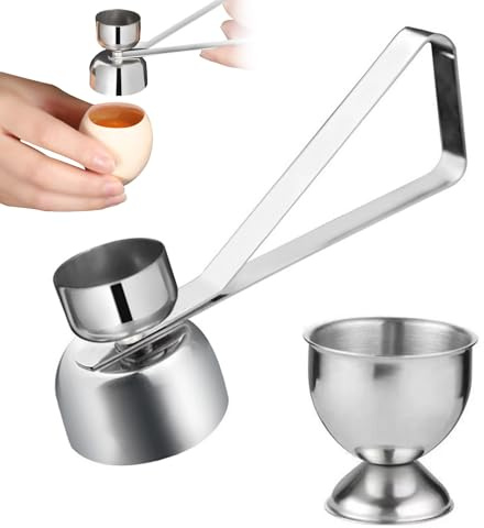 Nesthetics Egg Cup Set, Stainless Steel Egg Cup Holder & Double Sided Egg Topper Opener Cracker Great Size Easter Egg Cup for Soft Boiled Eg (2 Pcs & 1 egg opener)