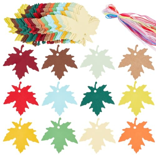 SUNNYCLUE 1 caja de 120 etiquetas de Regalo con Hojas, Etiquetas de Papel con Hojas para Otoño, Día de Acción de Gracias, Etiquetas con 120 cintas de Poliéster, Adornos Colgantes Coloridos para Bodas,