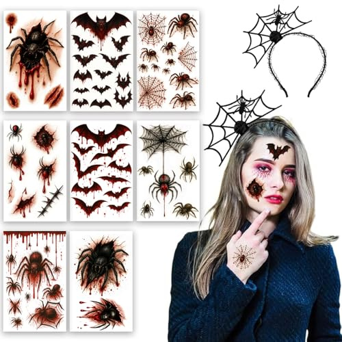 Halloween tattoo Gesicht, temporäre spinnen tattoo + spinnen Netz Haarreifen, halloween Kostüm Damen Gruselig Spinnen Tattoo, Halloween Kinder Fasching Kostüm Karneval Party Accessoire (B)