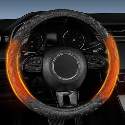 Heated Steering Wheel Cover – 12V Fast Heating PU Leather Car Wheel Warmer, Universal Fit 14.5–15.5 for Car, SUV, Truck, Black