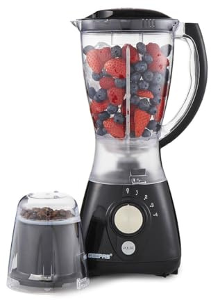 GEEPAS 2-in-1 Food Jug Blender & Smoothie Blender | Ice Crusher Stainless Steel Blades 4 Speeds Pulse Mode | 1.5L Jar Smoothie Milkshake Maker Coffee/Spice Grinder Mill 550W Black (Renewed)