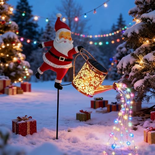 Dewppxi Solar Weihnachtsmann mit Gießkanne, Santa Solar Gießkanne Lichterkette Aussen für Terrasse und Garten, Solar-Weihnachts Beleuchtung für draußen (Bunt)
